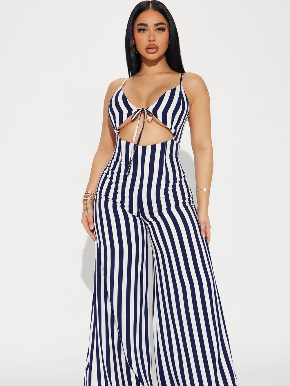 Fashion Nova Navy & White Striped Tie-Front Cutout Jumpsuit